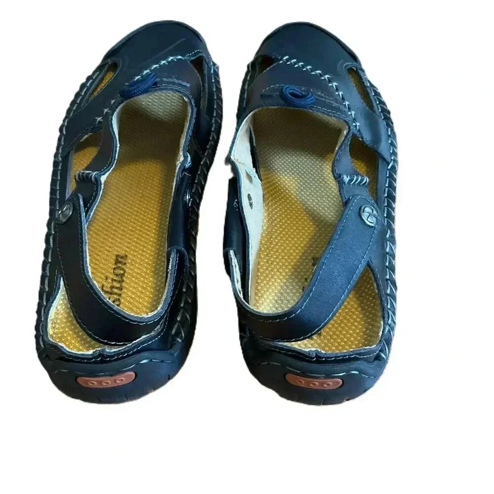 Black Leather Sandals With Stitch‎ Detailing Velcro Strap Casual Size 42